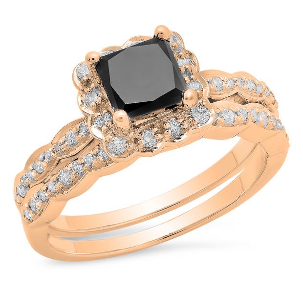 1.80 Carat (ctw) 10K Rose Gold Princess & Round Cut Black & White Diamond Ladies Bridal Halo Style Engagement Ring Set With Matching Band