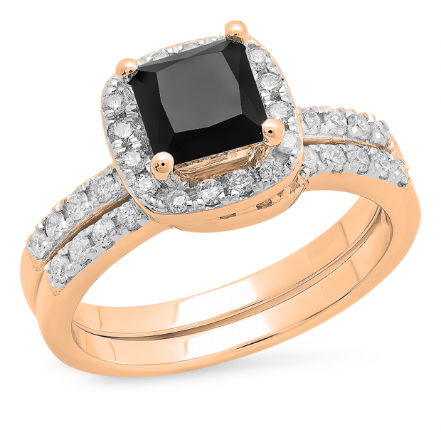 2.40 Carat (ctw) 10K Rose Gold Princess & Round Cut Black & White Diamond Ladies Halo Style Bridal Engagement Ring With Matching Band Set