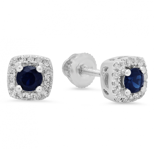0.40 Carat (ctw) 18K White Gold Round Cut Blue Sapphire & White Diamond Ladies Halo Stud Earrings