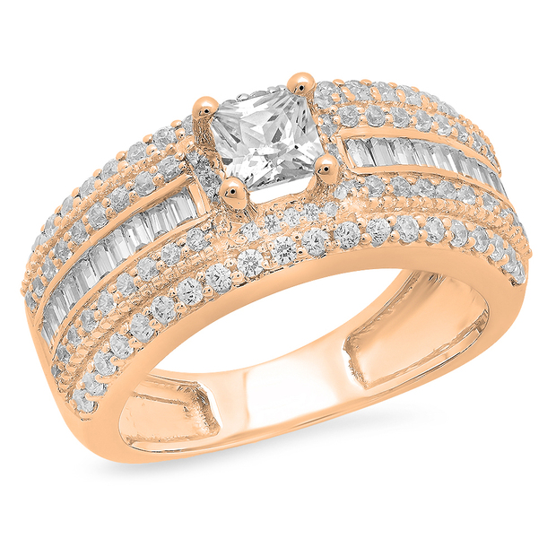 2.60 Carat (ctw) 10K Rose Gold Princess Baguette & Round White Cubic Zirconia CZ  Ladies Milgrain Halo Style Bridal Engagement Ring