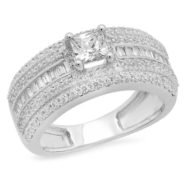 2.60 Carat (ctw) 10K White Gold Princess Baguette & Round White Cubic Zirconia CZ  Ladies Milgrain Halo Style Bridal Engagement Ring