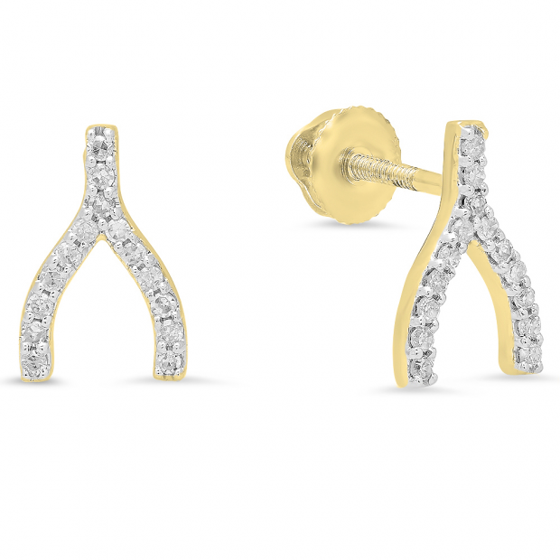 0.15 Carat (ctw) 10K Yellow Gold Round Cut White Diamond Ladies Fashion Wishbone Stud Earring