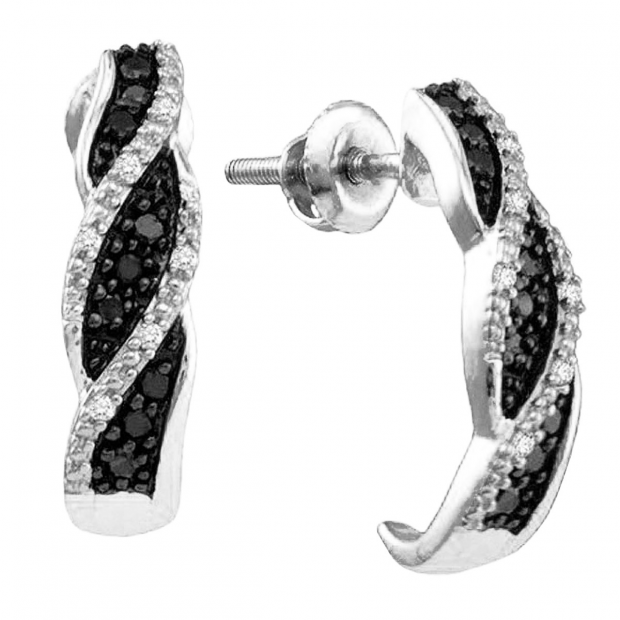 0.20 Carat (ctw) 14K White Gold Round Black & White Diamond Ladies Hoop Earrings 1/5 CT