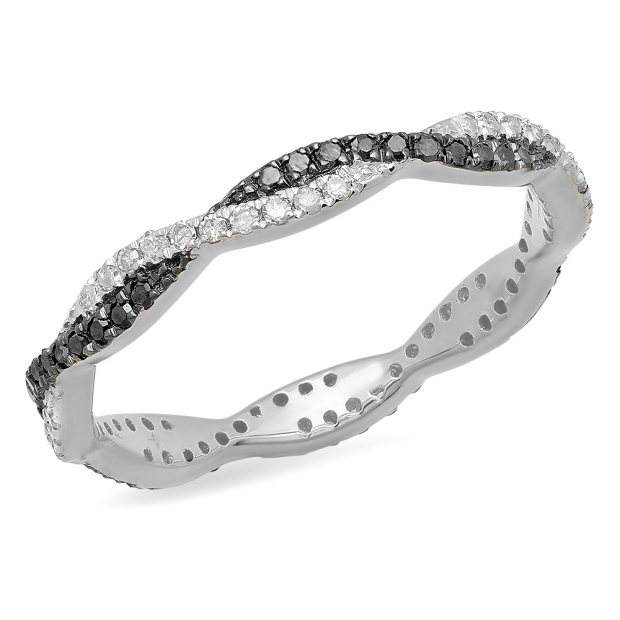 0.38 Carat (ctw) 14K White Gold Round Cut White & Black Diamond Ladies Bridal Stackable Swirl Anniversary Wedding Band