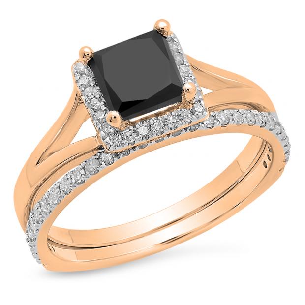 1.80 Carat (ctw) 18K Rose Gold Princess & Round Cut black & White Diamond Ladies Bridal Halo Engagement Ring With Matching Band Set