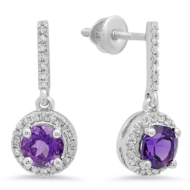 1.10 Carat (ctw) 10K White Gold Round Cut Amethyst & White Diamond Ladies Halo Style Dangling Drop Earrings 1 1/10