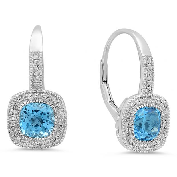 3.00 Carat (ctw) 10K White Gold Cushion Cut Blue Topaz & Round Diamond Ladies Halo Style Dangling Drop Earrings 3 CT