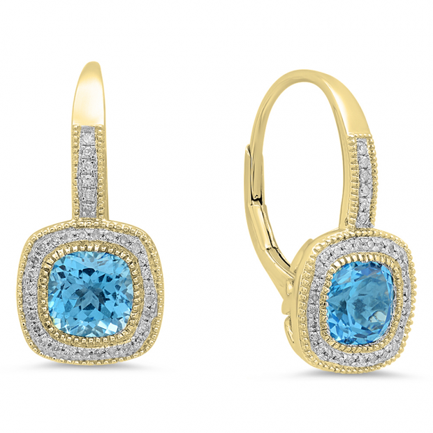 3.00 Carat (ctw) 14K Yellow Gold Cushion Cut Blue Topaz & Round Diamond Ladies Halo Style Dangling Drop Earrings 3 CT