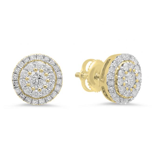 0.95 Carat (ctw) 14K Yellow Gold Round Cut White Diamond Ladies Halo Style Stud Earrings 1 CT