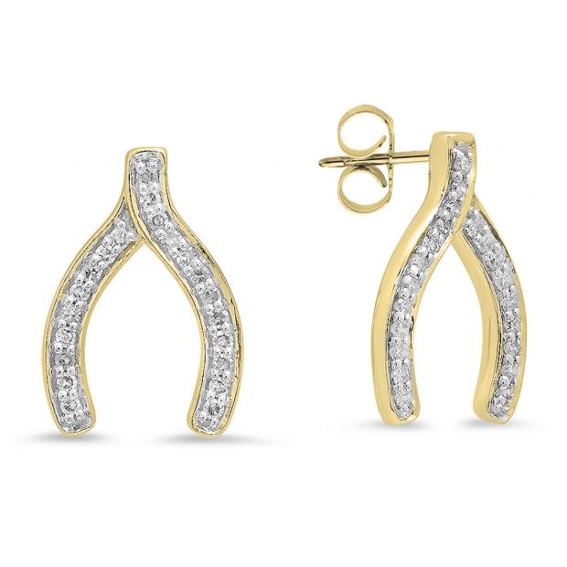 0.20 Carat (ctw) 10K Yellow Gold Round White Diamond Ladies Fashion Wishbone Stud Earring 1/5 CT