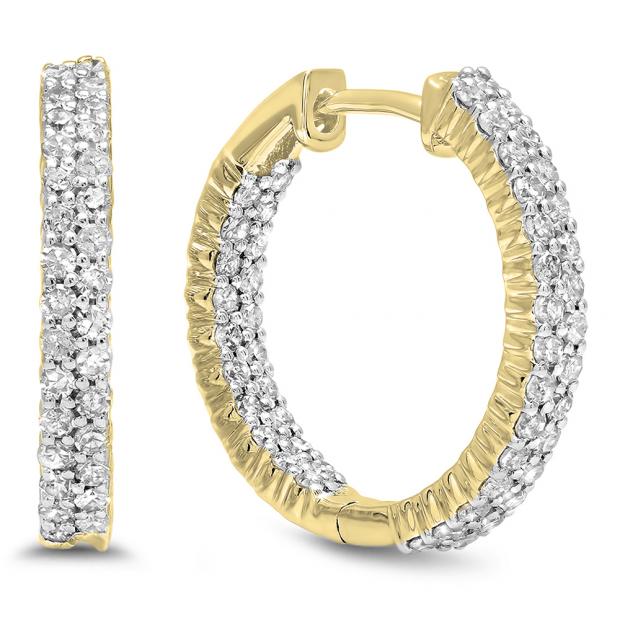 0.80 Carat (ctw) 10K Yellow Gold Round White Diamond Fine In And Out Huggies Hoop Earrings 3/4 CT