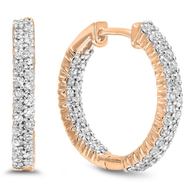 0.80 Carat (ctw) 18K Rose Gold Round White Diamond Fine In And Out Huggies Hoop Earrings 3/4 CT