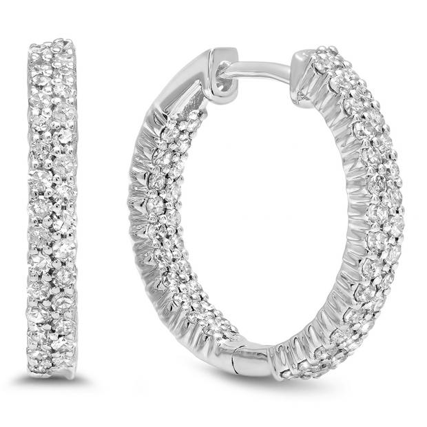 0.80 Carat (ctw) 18K White Gold Round White Diamond Fine In And Out Huggies Hoop Earrings 3/4 CT