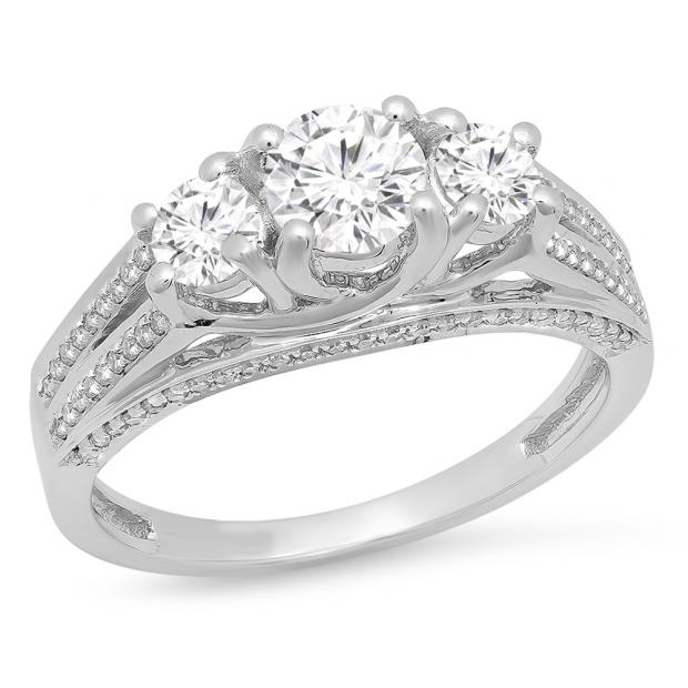 1.15 Carat (ctw) 10K White Gold Round Diamond Ladies Vintage Bridal 3 Stone Engagement Ring
