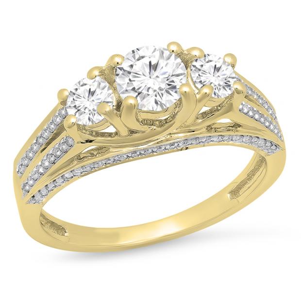 1.15 Carat (ctw) 14K Yellow Gold Round Diamond Ladies Vintage Bridal 3 Stone Engagement Ring