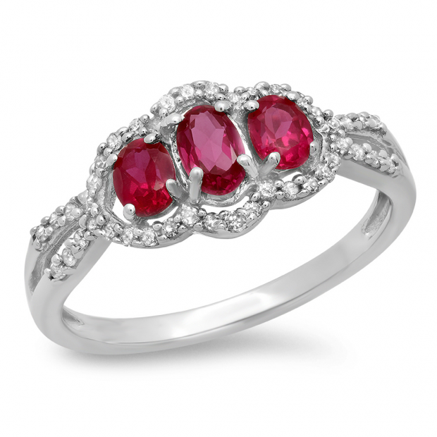 1.40 Carat (ctw) 10K White Gold Round Cut White Diamond & Oval & Round Cut Lab Created Ruby Ladies Bridal 3 Stone Split Shank Engagement Ring
