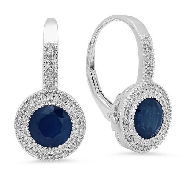 2.90 Carat (ctw) 14K White Gold Round Blue Sapphire & White Diamond Ladies Halo Style Dangling Drop Earrings