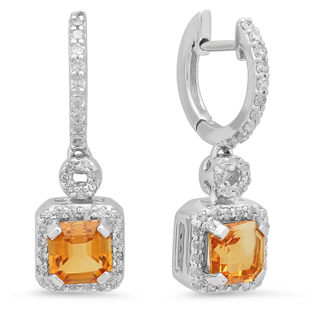 1.80 Carat (ctw) 10K White Gold Asscher Citrine & Round Cut White Diamond Ladies Halo Style Dangling Earrings