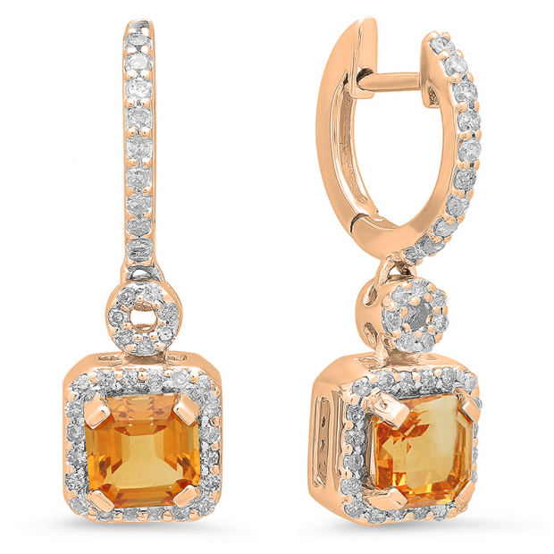 1.80 Carat (ctw) 18K Rose Gold Asscher Citrine & Round Cut White Diamond Ladies Halo Style Dangling Earrings
