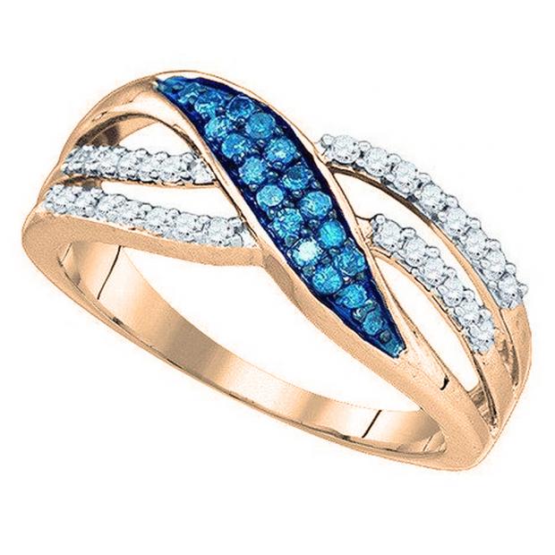 0.40 Carat (ctw) 10K Rose Gold Round Blue & White Diamond Ladies Split Shank Cocktail Fashion Right Hand Ring