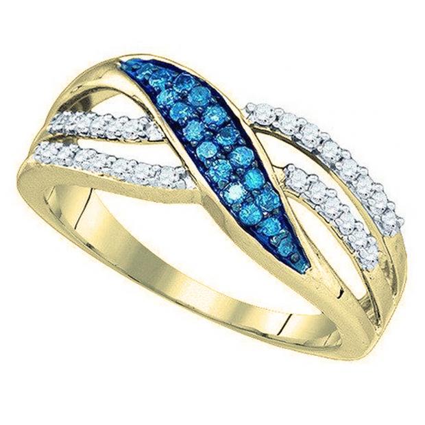 0.40 Carat (ctw) 10K Yellow Gold Round Blue & White Diamond Ladies Split Shank Cocktail Fashion Right Hand Ring