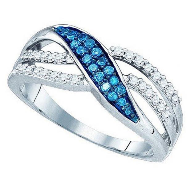 0.40 Carat (ctw) 18K White Gold Round Blue & White Diamond Ladies Split Shank Cocktail Fashion Right Hand Ring