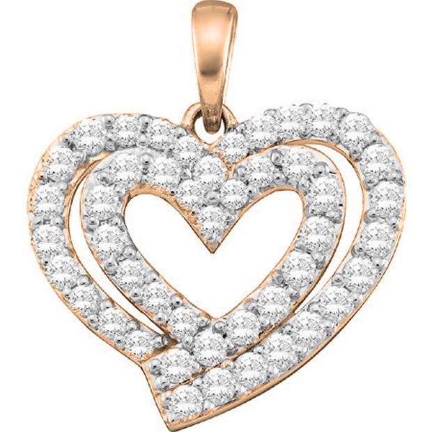 0.70 Carat (ctw) 10K Rose Gold Round White Diamond Ladies Double Heart Pendant 3/4 CT