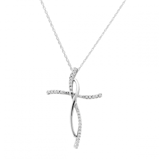 0.12 Carat (ctw) 14K White Gold Round White Diamond Ladies Cross Pendant