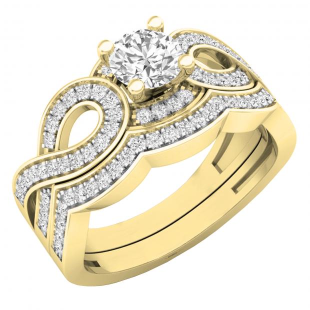 1.00 Carat (ctw) 10K Yellow Gold Round Cut White Cubic Zircona Ladies Bridal Swirl Split Shank Engagement Ring With Matching Band Set