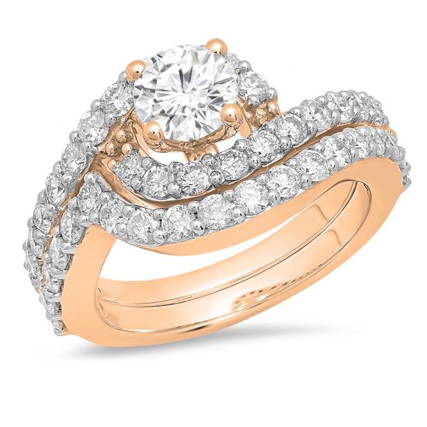 2.10 Carat (ctw) 10K Rose Gold Round White Diamond Ladies Swirl Bridal Engagement Ring Matching Band Set