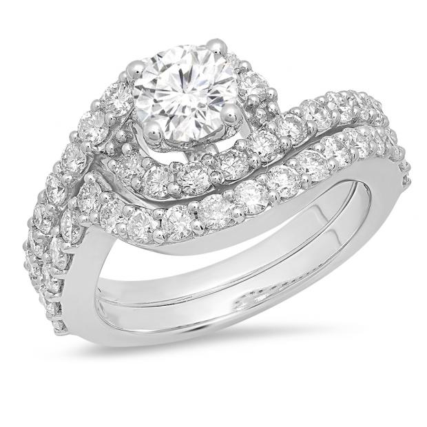 2.10 Carat (ctw) 10K White Gold Round White Diamond Ladies Swirl Bridal Engagement Ring Matching Band Set