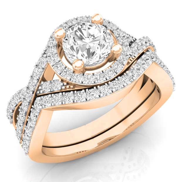 1.50 Carat (ctw) 14K Rose Gold Round Cut White Cubic Zircona Ladies Bridal Swirl Split Shank Halo Engagement Ring With Matching Band Set