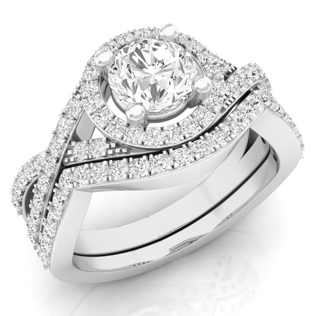 1.50 Carat (ctw) 14K White Gold Round Cut White Cubic Zircona Ladies Bridal Swirl Split Shank Halo Engagement Ring With Matching Band Set
