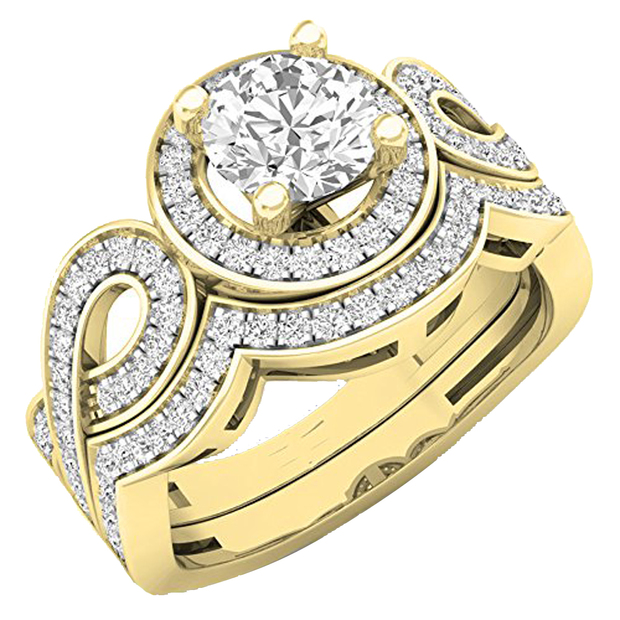 1.30 Carat (ctw) 14K Yellow Gold Round Cut White Cubic Zircona Ladies Bridal Swirl Split Shank Halo Engagement Ring With Matching Band Set