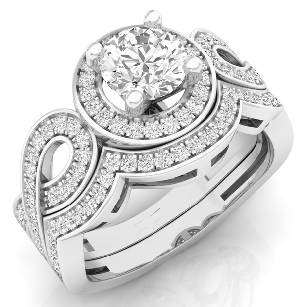 1.30 Carat (ctw) 18K White Gold Round Cut White Cubic Zircona Ladies Bridal Swirl Split Shank Halo Engagement Ring With Matching Band Set