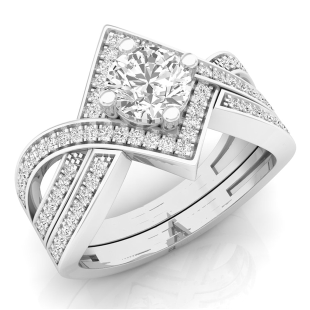 1.20 Carat (ctw) 18K White Gold Round Cut White Cubic Zircona Ladies Bridal Swirl Split Shank Engagement Ring With Matching Band Set