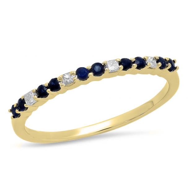 0.30 Carat (ctw) 10K Yellow Gold Round Cut Blue Sapphire & Princess Cut White Diamond Ladies Anniversary Wedding Stackable Band 1/3 CT