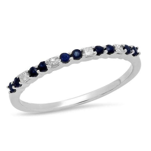 0.30 Carat (ctw) 14K White Gold Round Cut Blue Sapphire & Princess Cut White Diamond Ladies Anniversary Wedding Stackable Band 1/3 CT