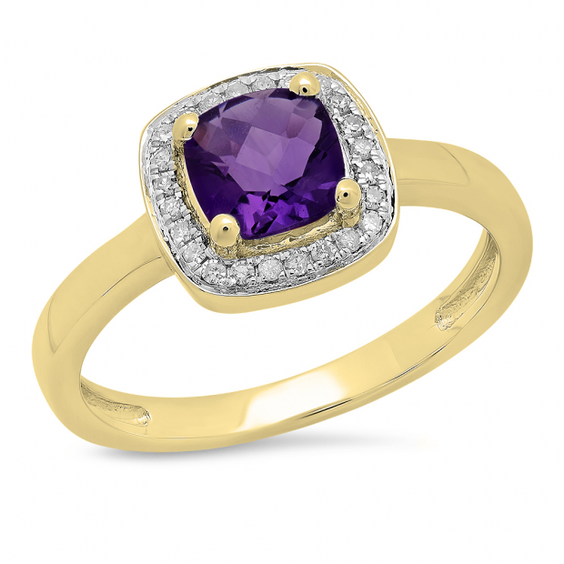 0.90 Carat (ctw) 10K Yellow Gold Cushion Cut Amethyst & Round White Diamond Ladies Bridal Engagement Ring