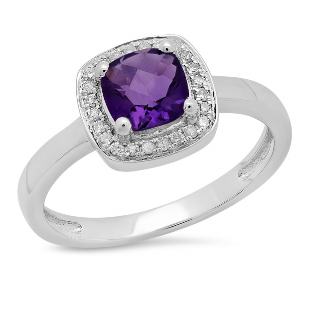 0.90 Carat (ctw) 14K White Gold Cushion Cut Amethyst & Round White Diamond Ladies Bridal Engagement Ring