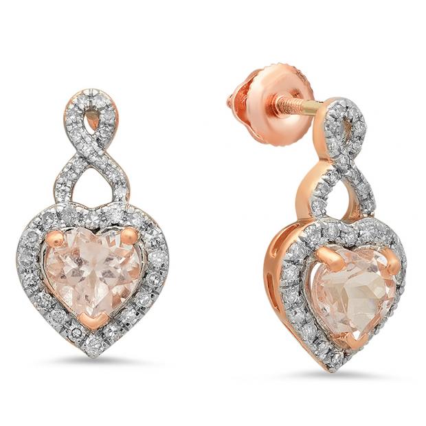 1.30 Carat (ctw) 14K Rose Gold Heart Cut Morganite & Round Cut White Diamond Ladies Infinity Swirl Dangling Drop Earrings