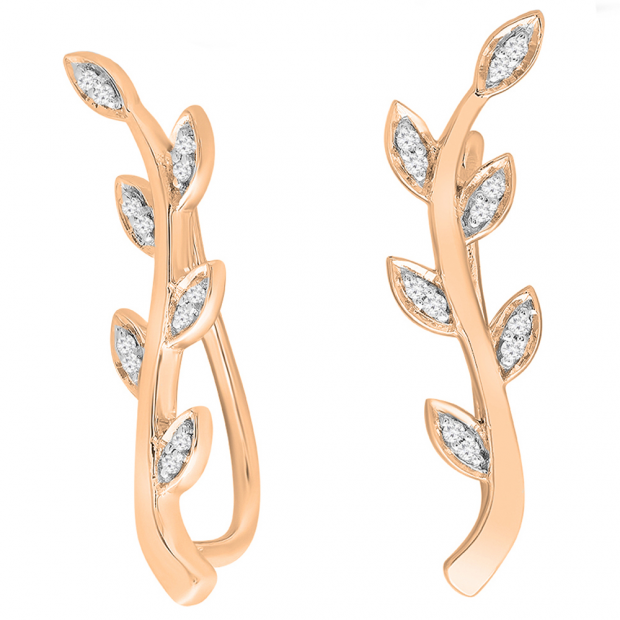 0.10 Carat (ctw) 10K Rose Gold Round Cut White Diamond Ladies leaf shaped Climber Earrings 1/10 CT