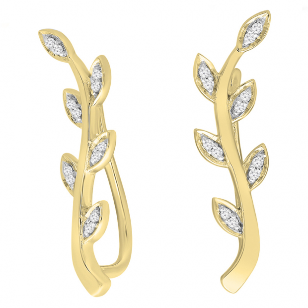 0.10 Carat (ctw) 10K Yellow Gold Round Cut White Diamond Ladies leaf shaped Climber Earrings 1/10 CT