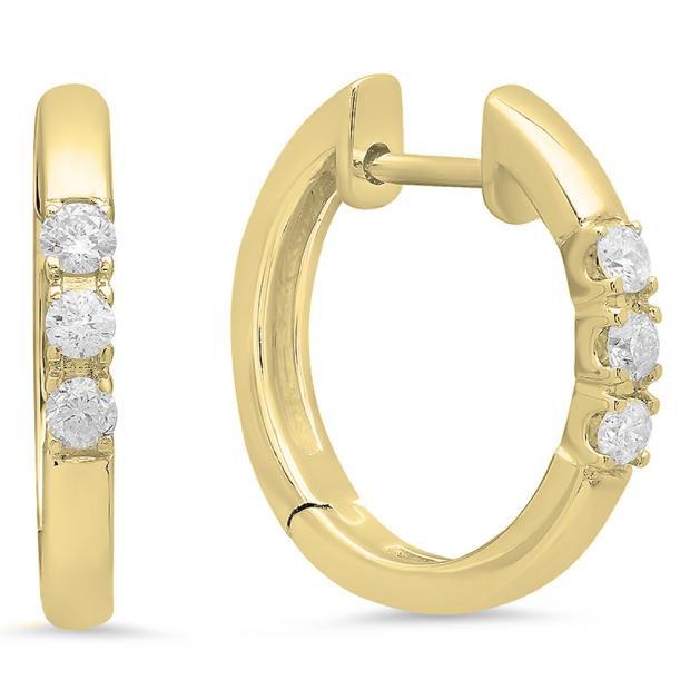 0.22 Carat (ctw) 10K Yellow Gold Round Diamond Ladies 3 Stone Hoop Earrings 1/4 CT