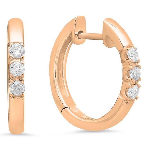0.22 Carat (ctw) 18K Rose Gold Round Diamond Ladies 3 Stone Hoop Earrings 1/4 CT