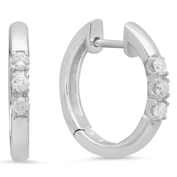 0.22 Carat (ctw) 18K White Gold Round Diamond Ladies 3 Stone Hoop Earrings 1/4 CT