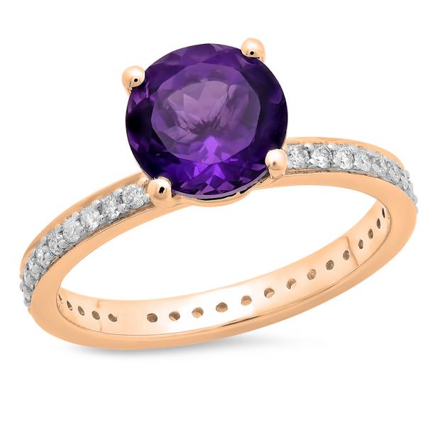 2.45 Carat (ctw) 18K Rose Gold Round Cut Amethyst & White Diamond Ladies Bridal Halo eternity Enagagement ring