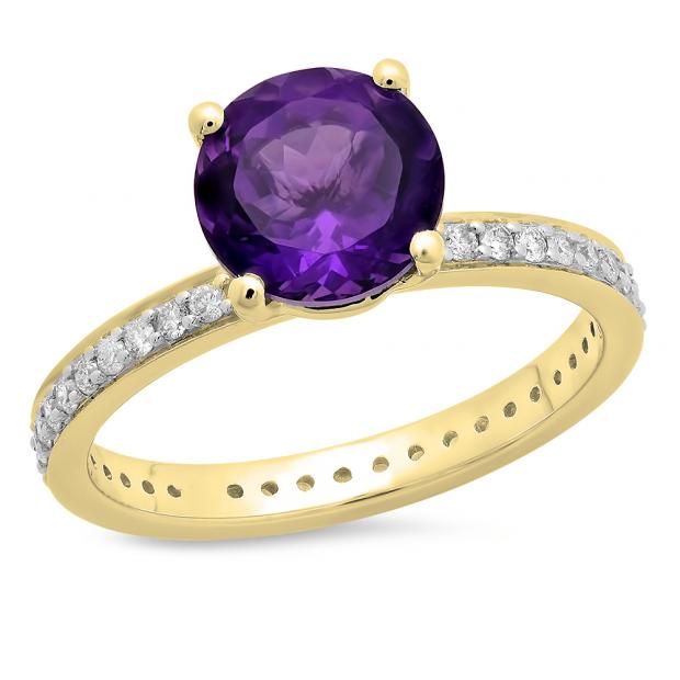 2.45 Carat (ctw) 18K Yellow Gold Round Cut Amethyst & White Diamond Ladies Bridal Halo eternity Enagagement ring