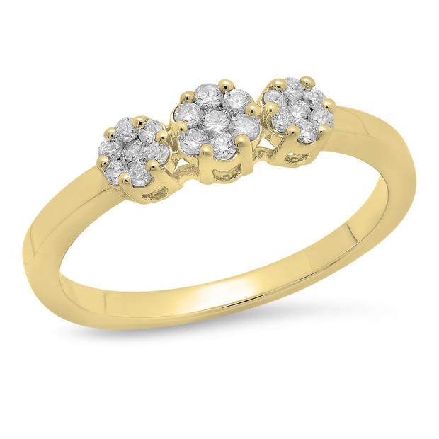 0.23 Carat (ctw ) 10K Yellow Gold Round White Diamond Ladies Flower Right Hand Ring 1/4 CT