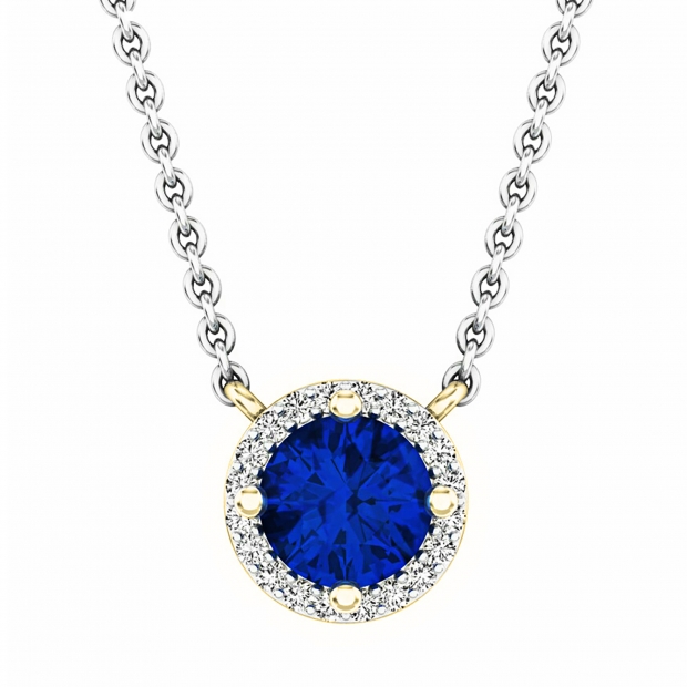 0.90 Carat (ctw) 14K Yellow Gold Round Cut Blue Sapphire And White Diamond Ladies Halo Style Pendant (Silver Chain Included)